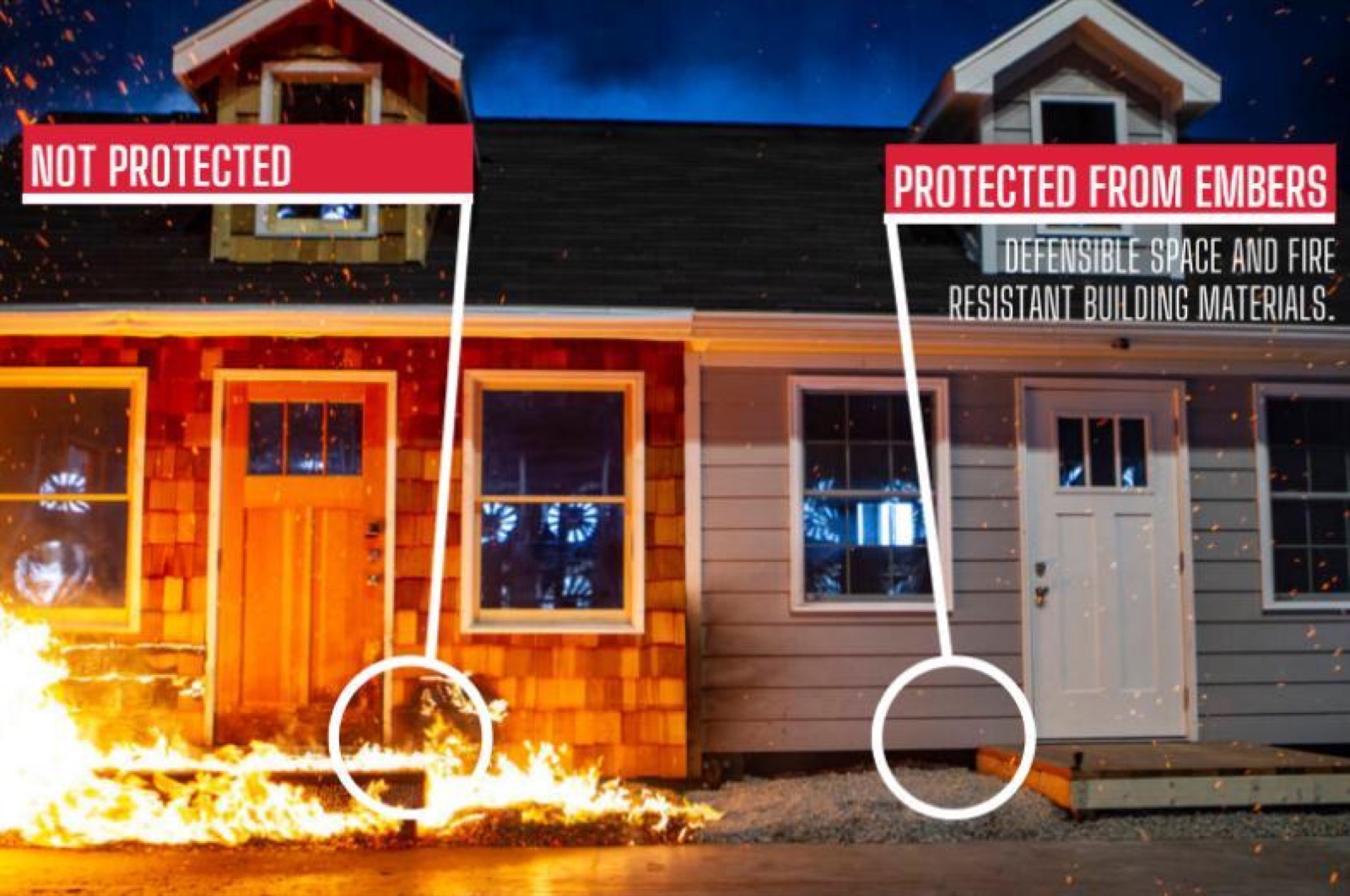 Unprotected home burning vs protected home with ember-resistant materials